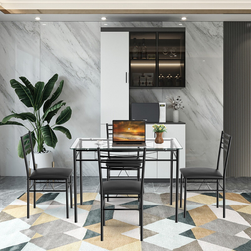 Spisegruppe 5 dele sort glasbord med metalramme og 4 polstrede stole