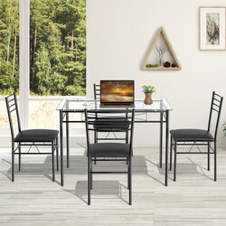 Spisegruppe 5 dele sort glasbord med metalramme og 4 polstrede stole