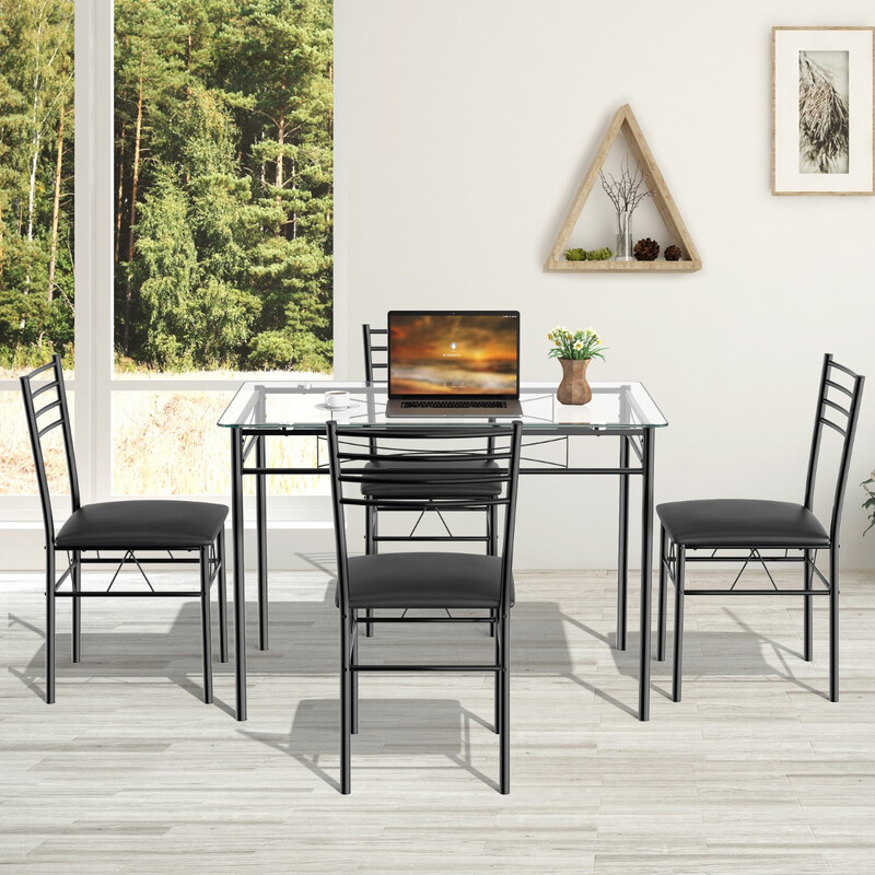 Spisegruppe 5 dele sort glasbord med metalramme og 4 polstrede stole