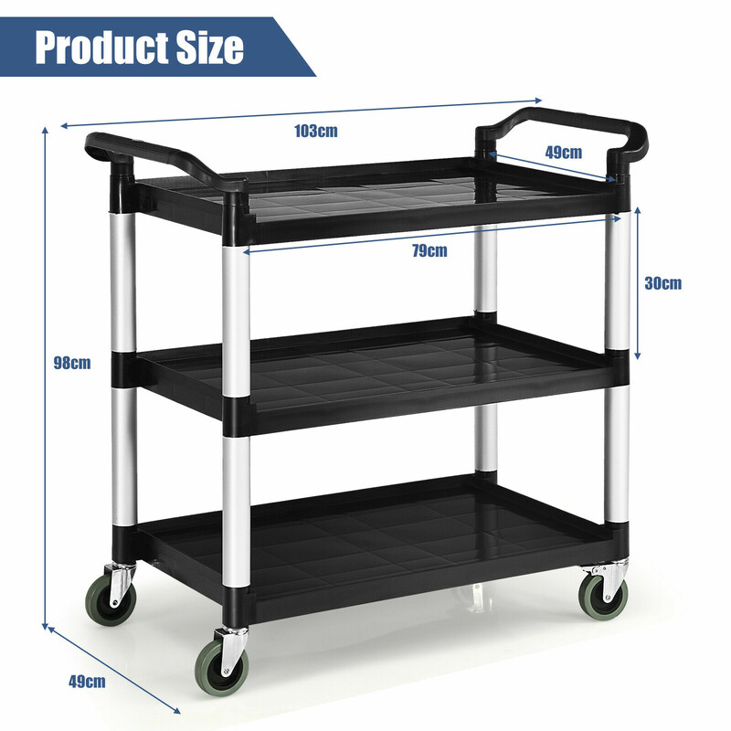 3-etagers servicevogn i aluminium og PP 103x49x98 cm 150 kg kapacitet