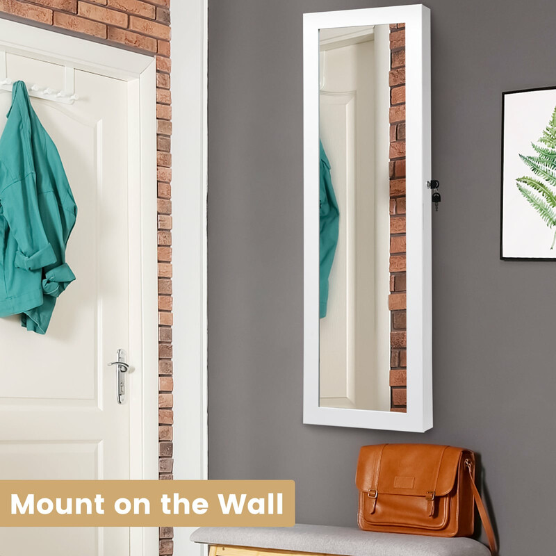 Smykkeskab hvid MDF med spejl og 12 LED‑lys 37x9x119