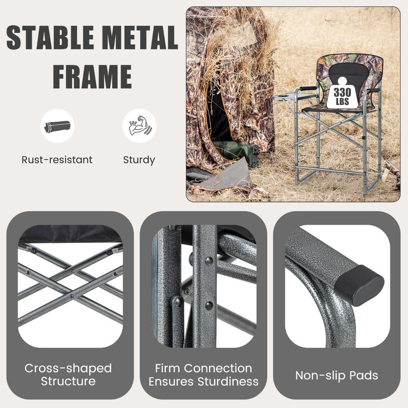 Sammenklappelig jagtstol camouflagemønster metalramme 150 kg kapacitet sidebord