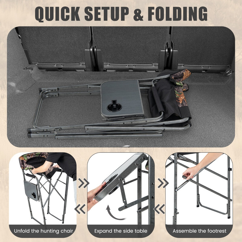 Sammenklappelig jagtstol camouflagemønster metalramme 150 kg kapacitet sidebord