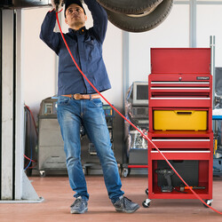 Metall værktøjsskab med 4 låsbare skuffer øvre rum og hjul rød sort