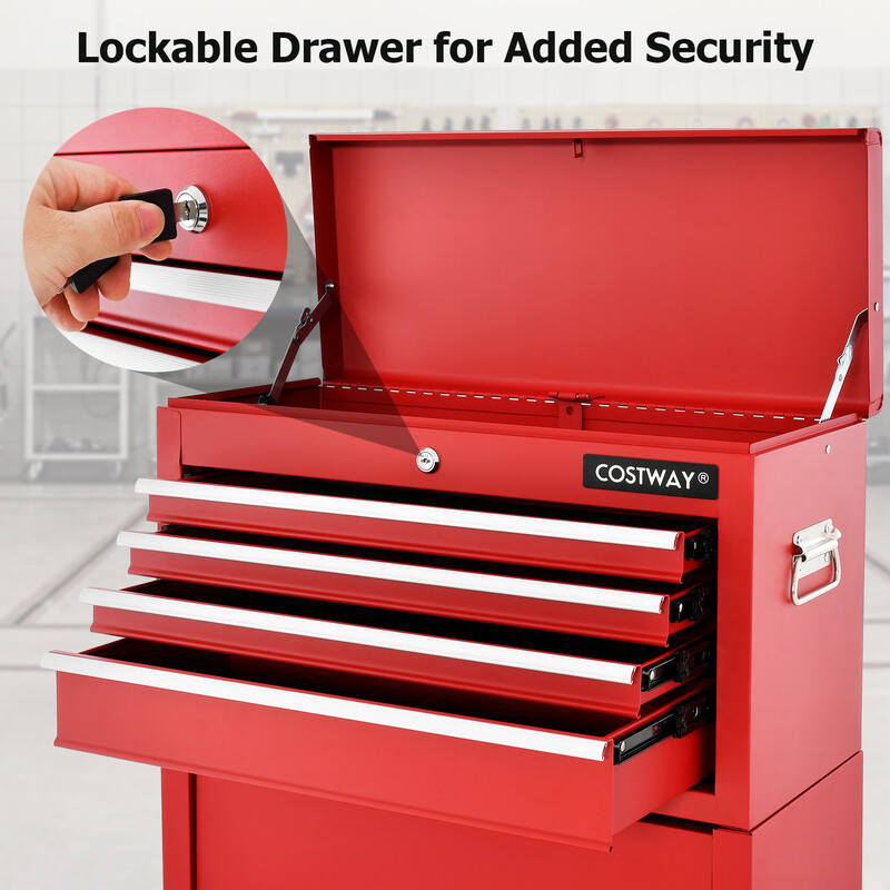 Metall værktøjsskab med 4 låsbare skuffer øvre rum og hjul rød sort