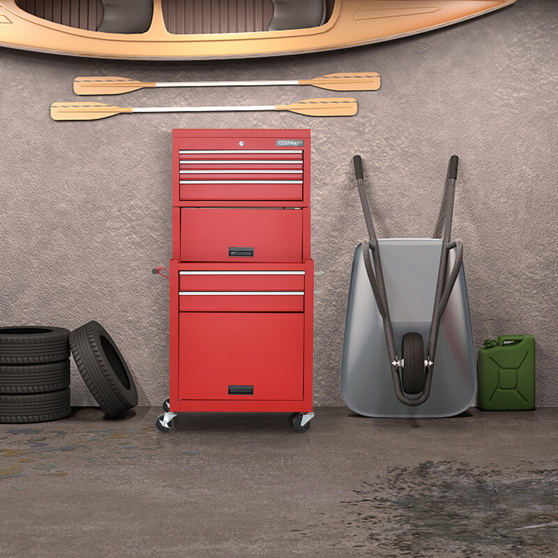 Metall værktøjsskab med 4 låsbare skuffer øvre rum og hjul rød sort