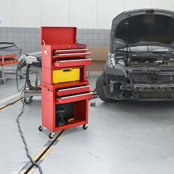 Metall værktøjsskab med 4 låsbare skuffer øvre rum og hjul rød sort