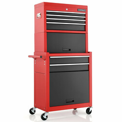 Værktøjsskab metal rød 6 skuffer 132 cm høj låsbar med hjul