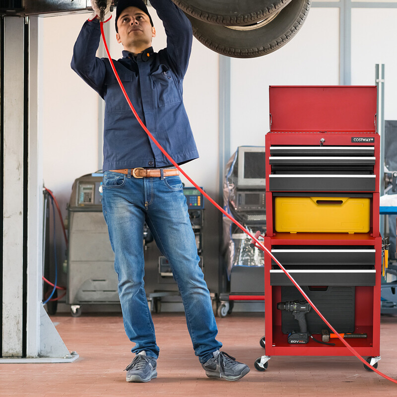 Værktøjsskab metal rød 6 skuffer 132 cm høj låsbar med hjul