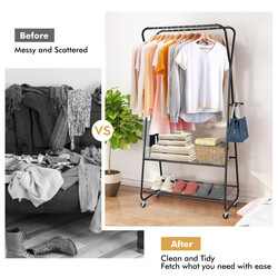 Metal tøjstativ på hjul 86x45x170 cm med to tøjstænger hylder og kroge