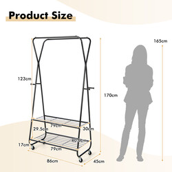 Metal tøjstativ på hjul 86x45x170 cm med to tøjstænger hylder og kroge