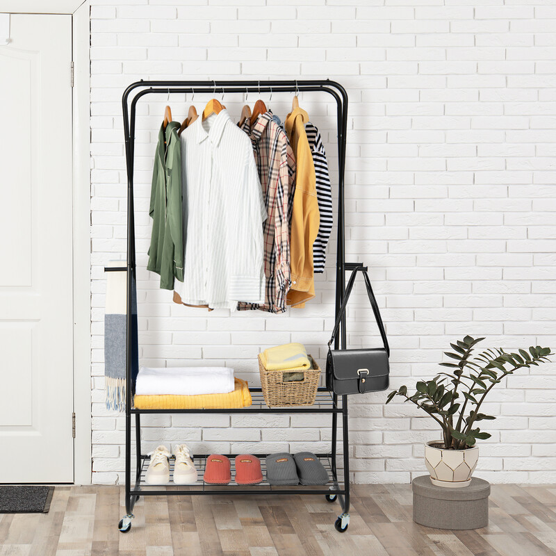 Metal tøjstativ på hjul 86x45x170 cm med to tøjstænger hylder og kroge