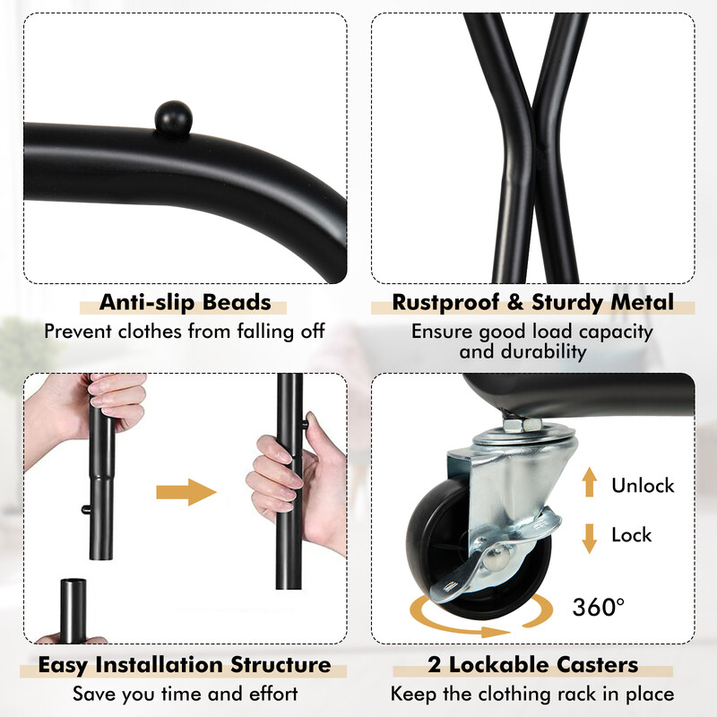 Metal tøjstativ på hjul 86x45x170 cm med to tøjstænger hylder og kroge