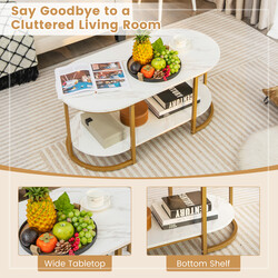 Sofabord hvid marmor med gylden metalram og praktisk opbevaring 100x50x45 cm