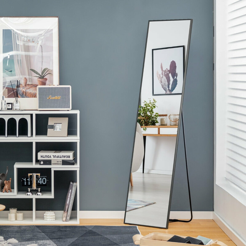 Helkropsspejl 160x40 cm sort aluminiumramme sikkerhedsglas stående eller vægmontering