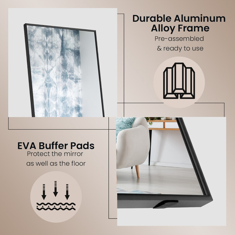 Helkropsspejl 160x40 cm sort aluminiumramme sikkerhedsglas stående eller vægmontering