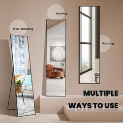 Helkropsspejl 160x40 cm sort aluminiumramme sikkerhedsglas stående eller vægmontering