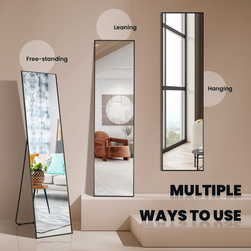 Helkropsspejl 160x40 cm sort aluminiumramme sikkerhedsglas stående eller vægmontering