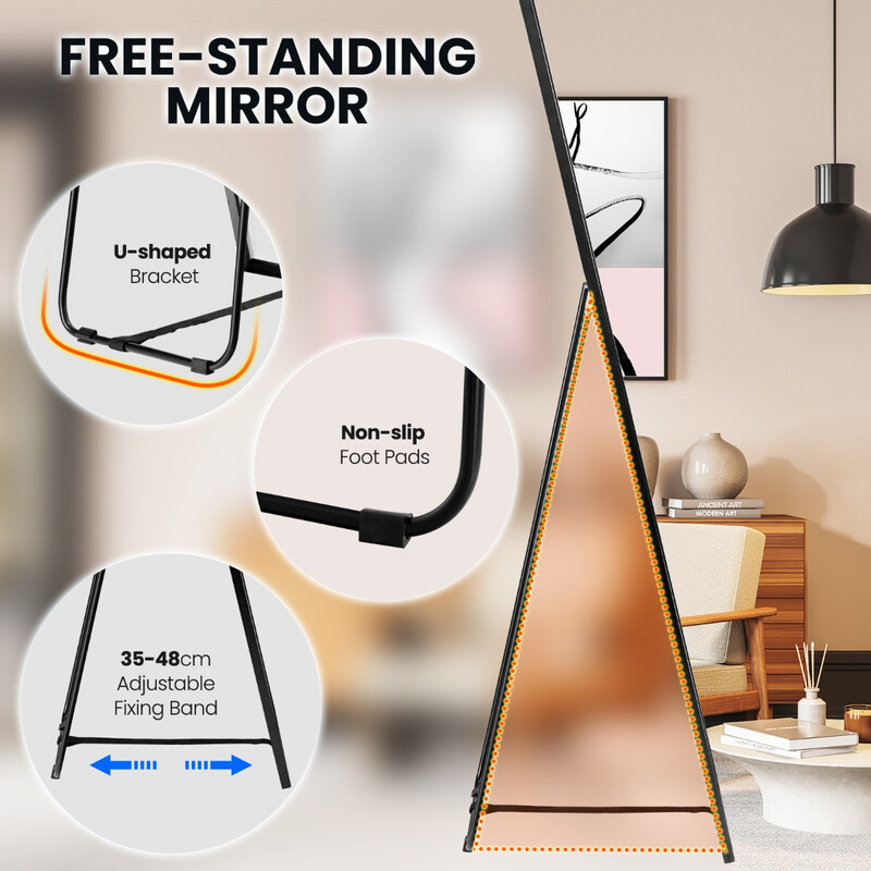 Helkropsspejl 160x40 cm sort aluminiumramme sikkerhedsglas stående eller vægmontering