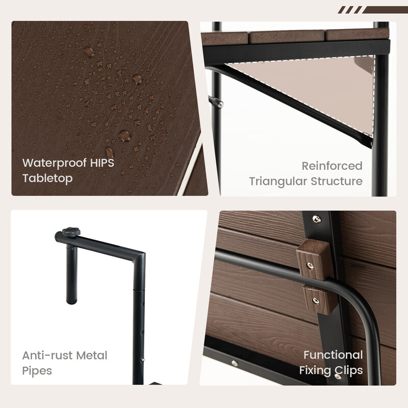 Balkonbord i kaffebrun HIPS med justerbar højde foldbart metalramme 30 kg kapacitet