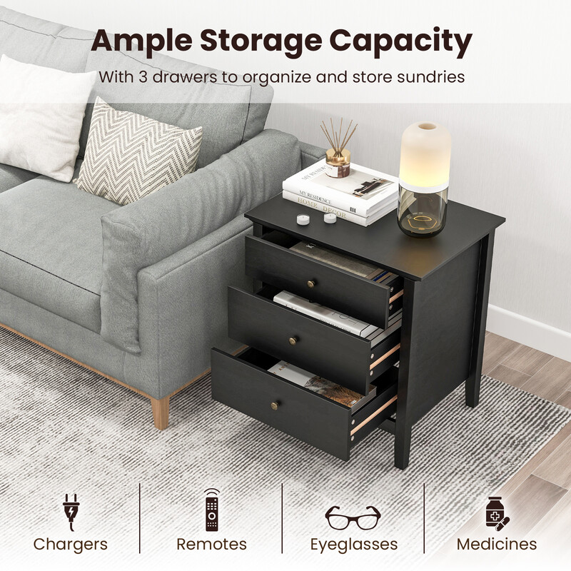 Natbord sort MDF 60x45x66 cm med tre skuffer