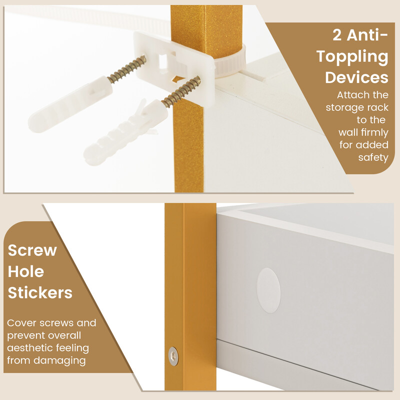 Toiletopbevaring med 3 hylder og 4 kroge i hvid metalramme