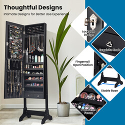 Stående smykkeskab sort MDF fløjl med spejl lås 46x37x156 cm