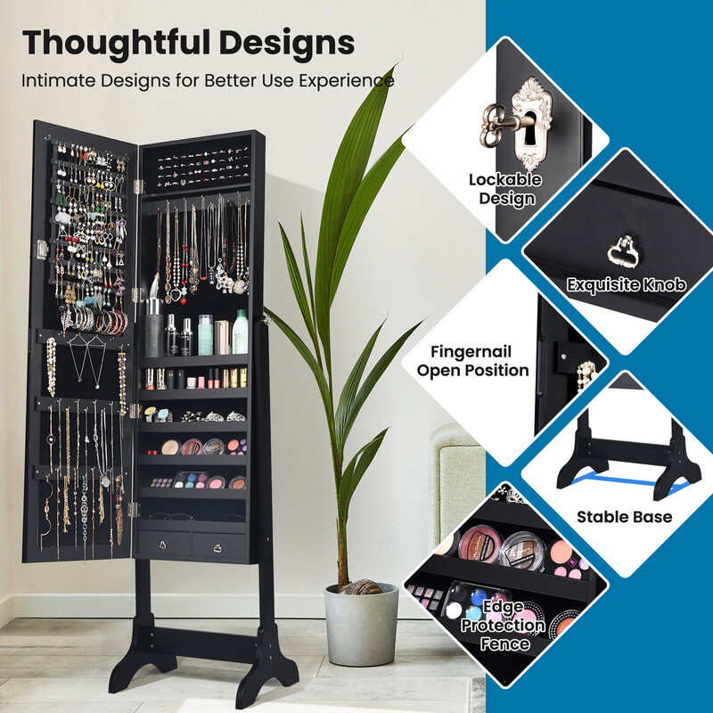 Stående smykkeskab sort MDF fløjl med spejl lås 46x37x156 cm