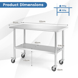 Arbejdsbord i rustfrit stål 122x61 cm med hjul og justerbar hylde