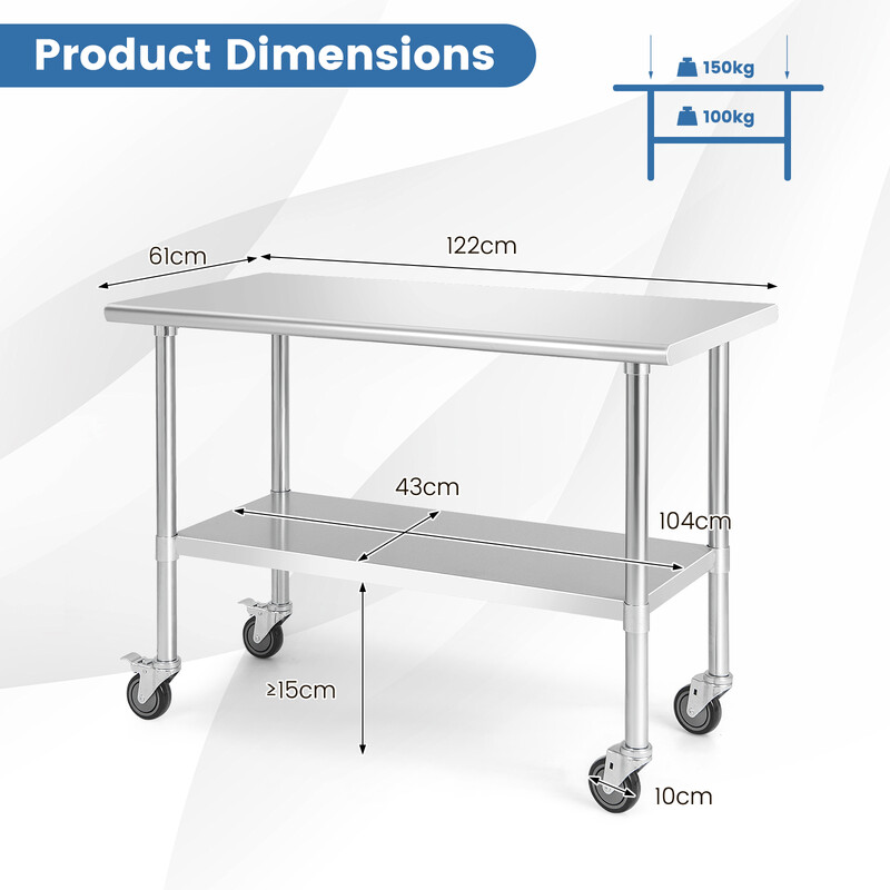 Arbejdsbord i rustfrit stål 122x61 cm med hjul og justerbar hylde