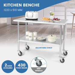 Arbejdsbord i rustfrit stål 122x61 cm med hjul og justerbar hylde