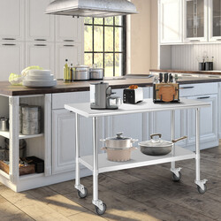 Arbejdsbord i rustfrit stål 122x61 cm med hjul og justerbar hylde