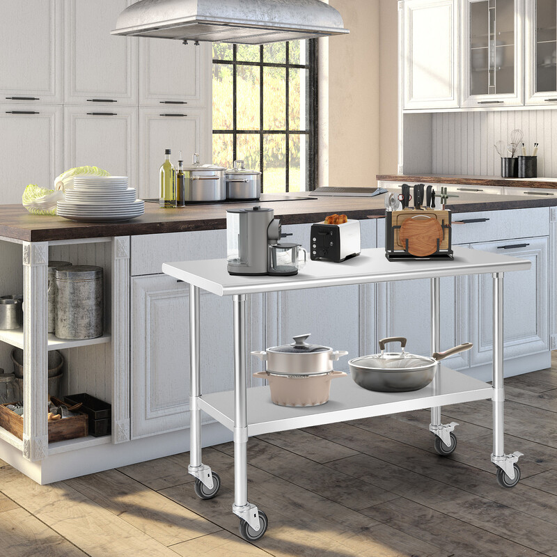 Arbejdsbord i rustfrit stål 122x61 cm med hjul og justerbar hylde