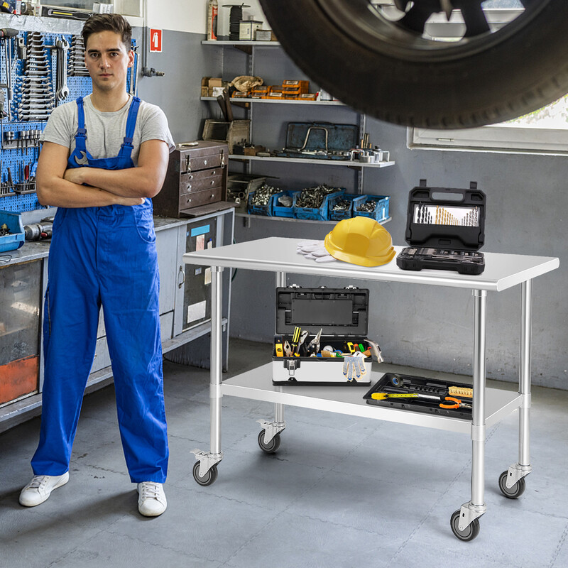 Arbejdsbord i rustfrit stål 122x61 cm med hjul og justerbar hylde