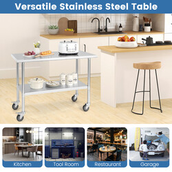 Arbejdsbord i rustfrit stål 122x61 cm med hjul og justerbar hylde