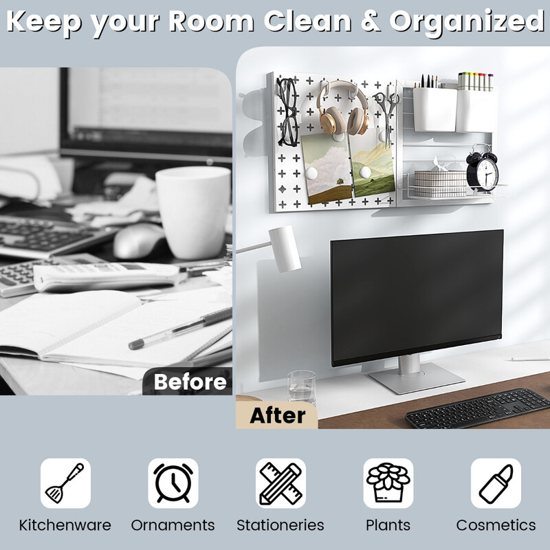 Vægorganisator hvid metal/plast med to pegboard-paneler hylde beholdere magneter og kroge