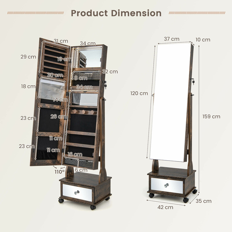 Smykkeskab rustik brun med spejl låge hjul og LED-belysning 42x35x159 cm