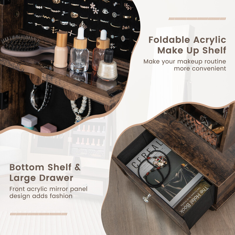 Smykkeskab rustik brun med spejl låge hjul og LED-belysning 42x35x159 cm