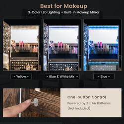 Smykkeskab rustik brun med spejl låge hjul og LED-belysning 42x35x159 cm