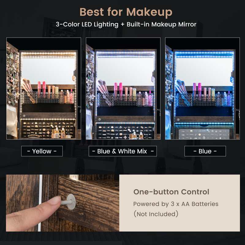 Smykkeskab rustik brun med spejl låge hjul og LED-belysning 42x35x159 cm