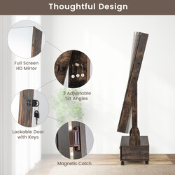Smykkeskab rustik brun med spejl låge hjul og LED-belysning 42x35x159 cm