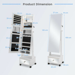 Smykkeskab hvid MDF med spejl LED-belysning hjul 42x35x159 cm