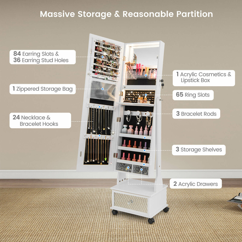 Smykkeskab hvid MDF med spejl LED-belysning hjul 42x35x159 cm