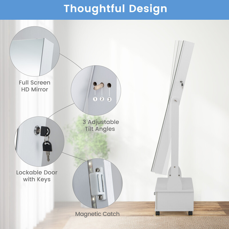 Smykkeskab hvid MDF med spejl LED-belysning hjul 42x35x159 cm