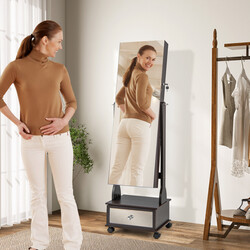 Smykkeskab brun MDF 42x35x159 cm med spejl LED-belysning og låsbare hjul