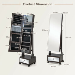 Smykkeskab brun MDF 42x35x159 cm med spejl LED-belysning og låsbare hjul