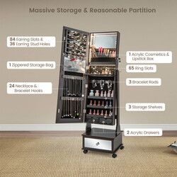 Smykkeskab brun MDF 42x35x159 cm med spejl LED-belysning og låsbare hjul