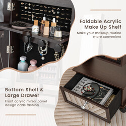 Smykkeskab brun MDF 42x35x159 cm med spejl LED-belysning og låsbare hjul