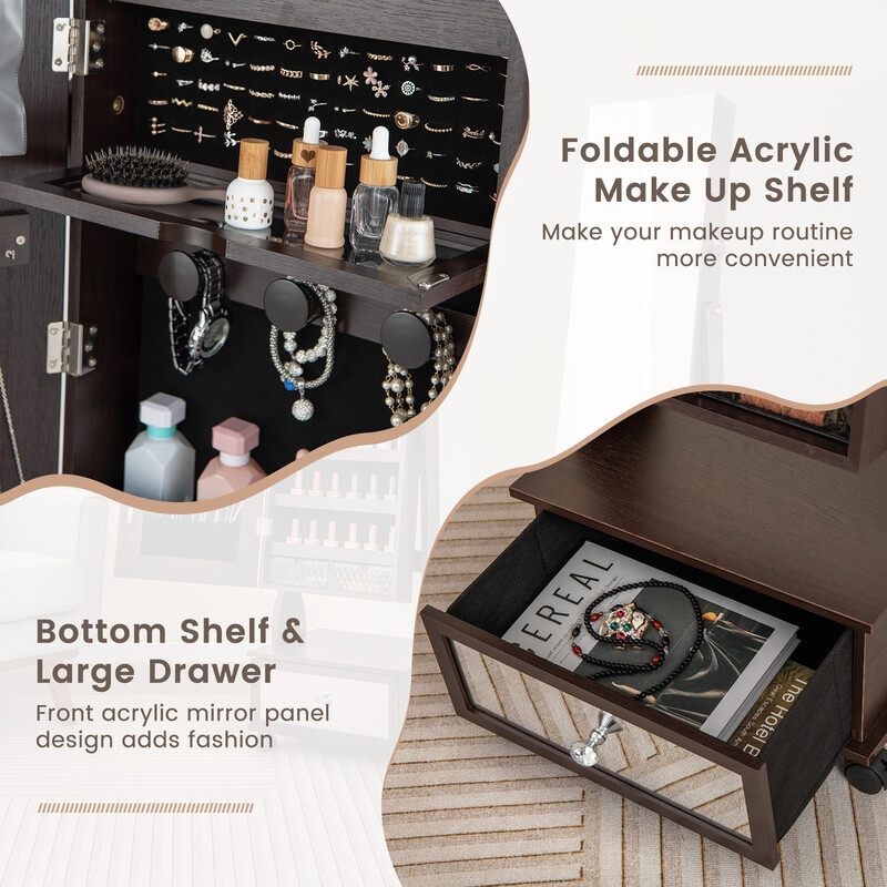 Smykkeskab brun MDF 42x35x159 cm med spejl LED-belysning og låsbare hjul