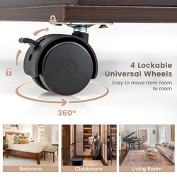 Smykkeskab brun MDF 42x35x159 cm med spejl LED-belysning og låsbare hjul